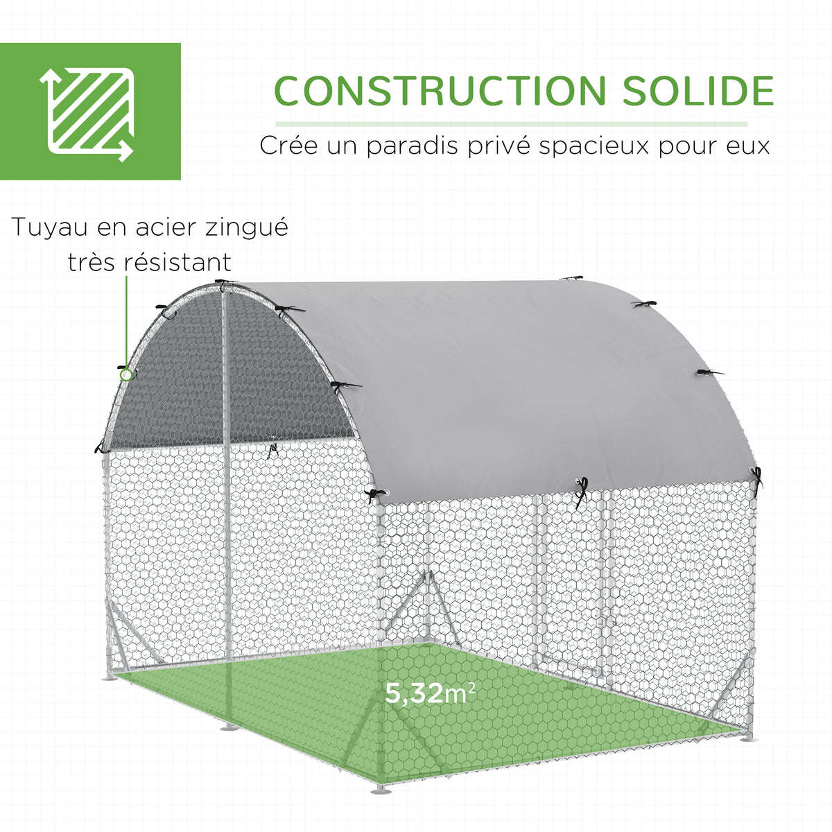 Grand enclos poulailler 5,32 ㎡ parc grillagé toit anti-UV porte verouillable 2,8 x 1,9 x 1,97 m argenté-5