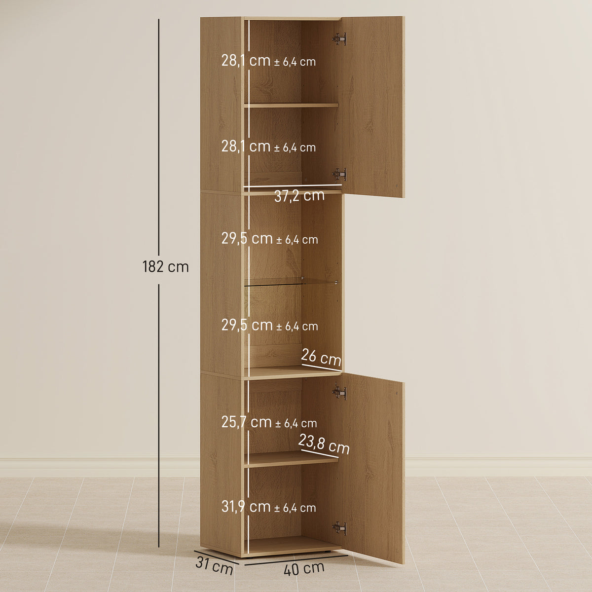 Armoire salle de bain haute, meuble de rangement colonne 6 niveaux 2 portes et étagères réglables, 40x31x182cm, chêne-2
