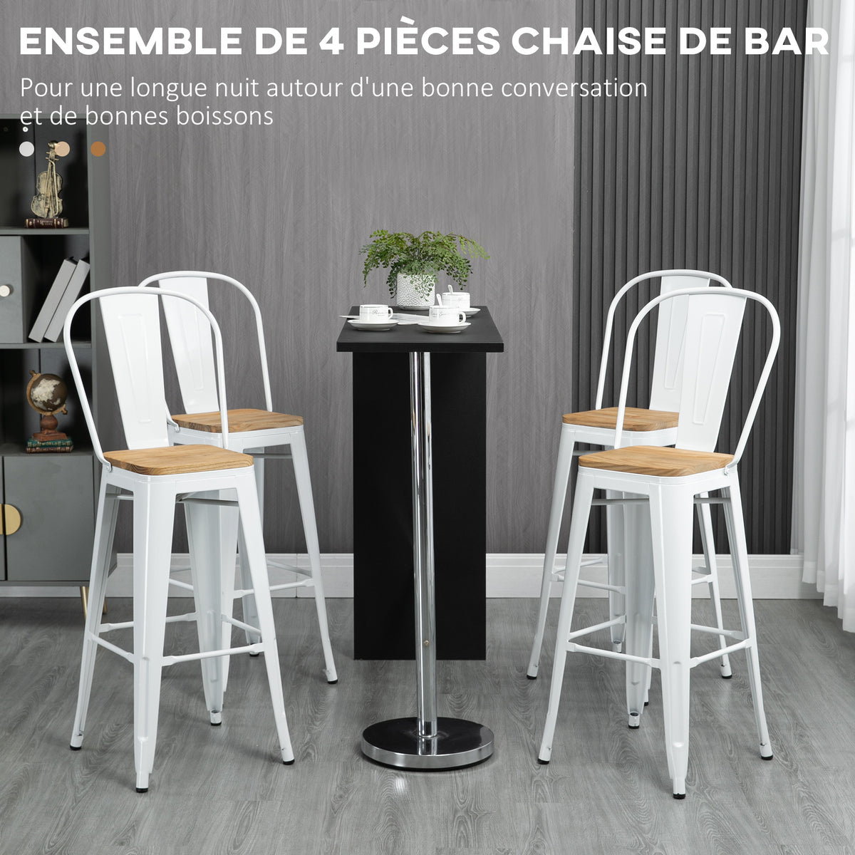 Lot de 4 tabourets de bar industriel avec dossier repose-pied hauteur assise 76 cm métal crème-3