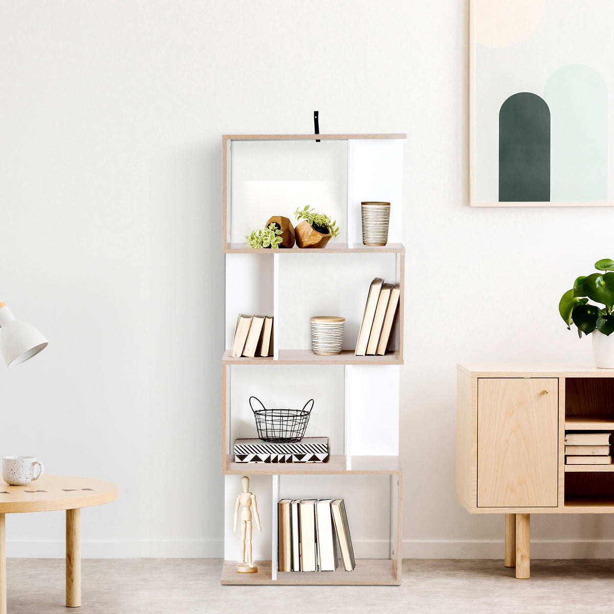 Bibliothèque à 4 niveaux, meuble de rangement en forme de S avec étagères, étagère de rangement pour salon, chambre bureau, 60 x 24 x 148 cm, bois naturel et blanc-8