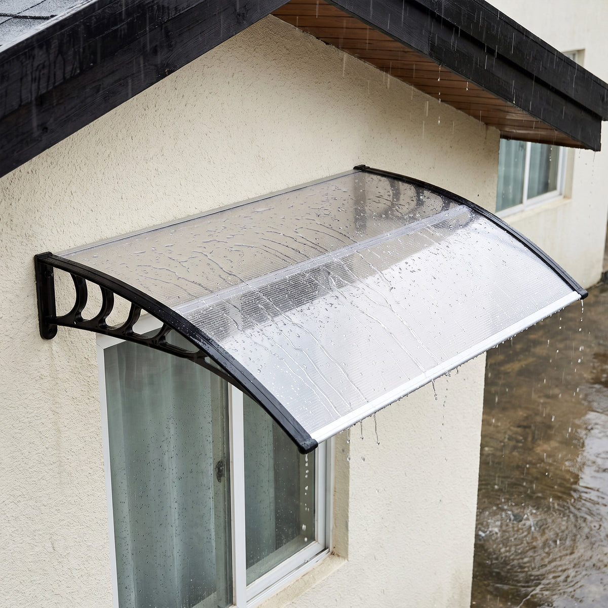 Auvent de porte d'entrée toit marquise en polycarbonate protection contre pluie neige UV 0,9 x 1,5 m, transparente-1