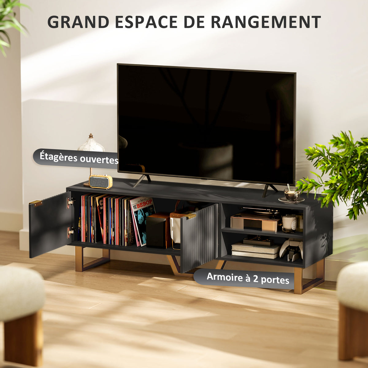 Meuble TV banc TV pour téléviseur jusqu'à 70 pouces - placard à 2 portes cannelées, compartiment ouvert et passe-câbles-4