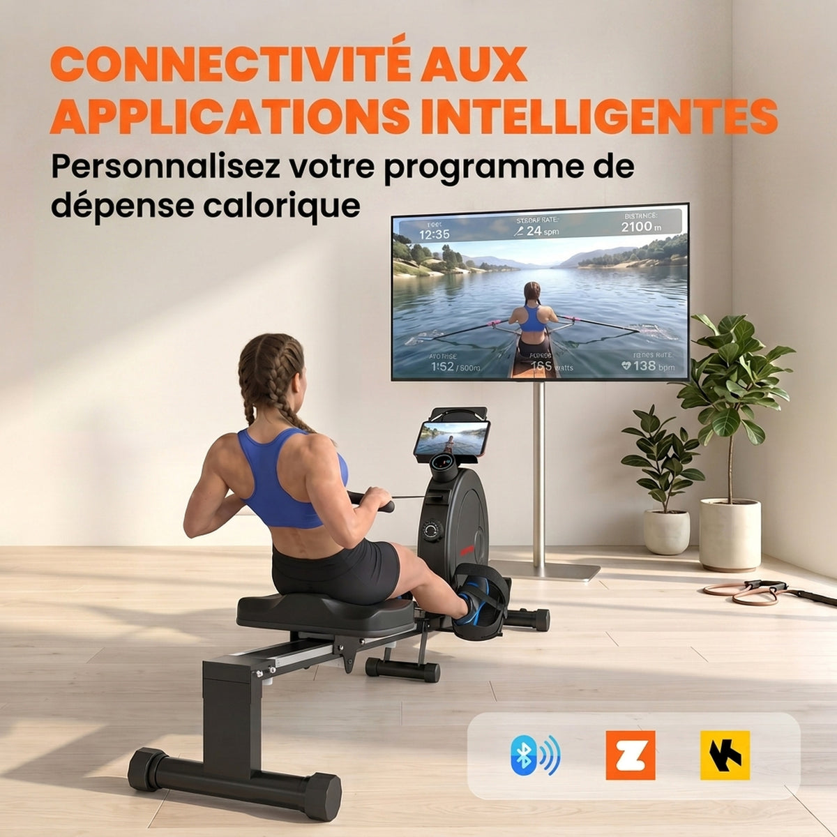 Rameur Musculation d'Appartement Pliable 16 Niveaux, App, Écran LCD, Support de Tablette, 180x50x75cm, Noir-4