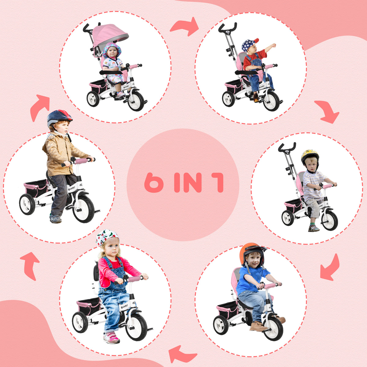 Tricycle Enfant évolutif Pare-Soleil Pliable Canne télescopique Amovible 95 x 50 x 106 cm Acier Rose-4