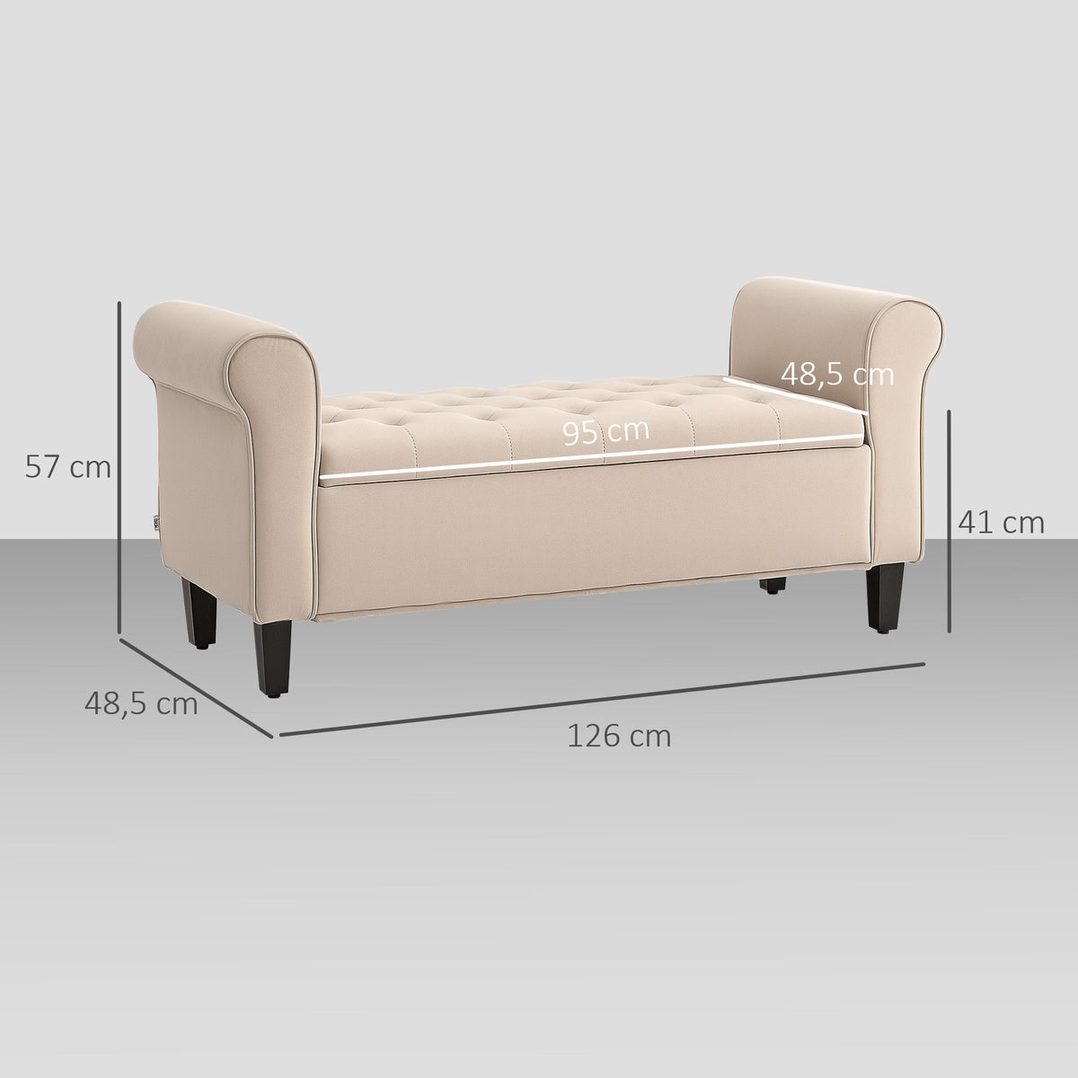 Banc de rangement bout de lit avec accoudoirs, tissu effet velours rembourré et capitonné, 126 x 48,5 x 57 cm, beige-2
