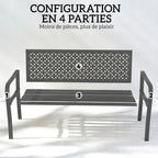 Banc d'extérieur en métal, 2 places, avec dossier géométrique antirouille et accoudoirs, gris foncé-6