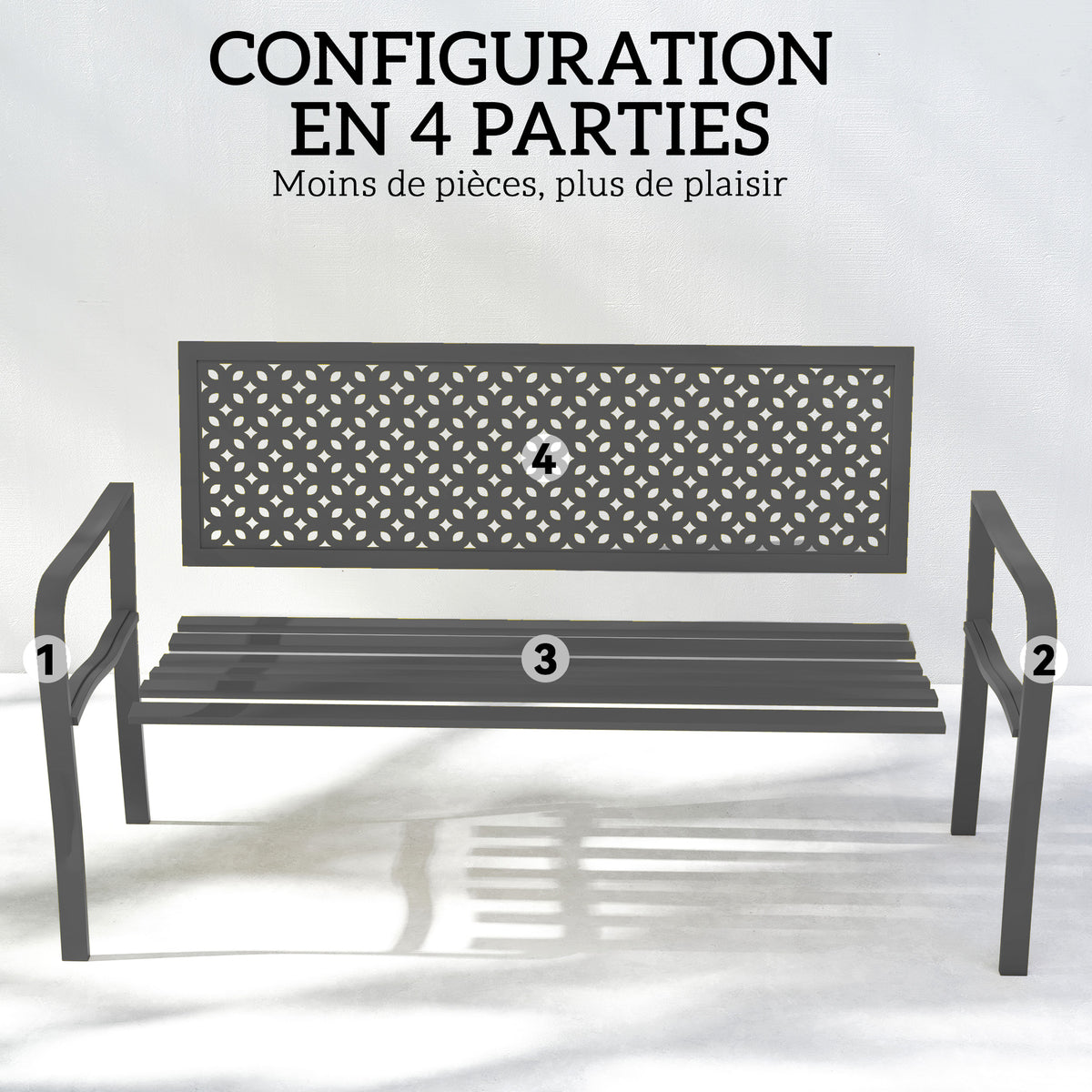 Banc d'extérieur en métal, 2 places, avec dossier géométrique antirouille et accoudoirs, gris foncé-6