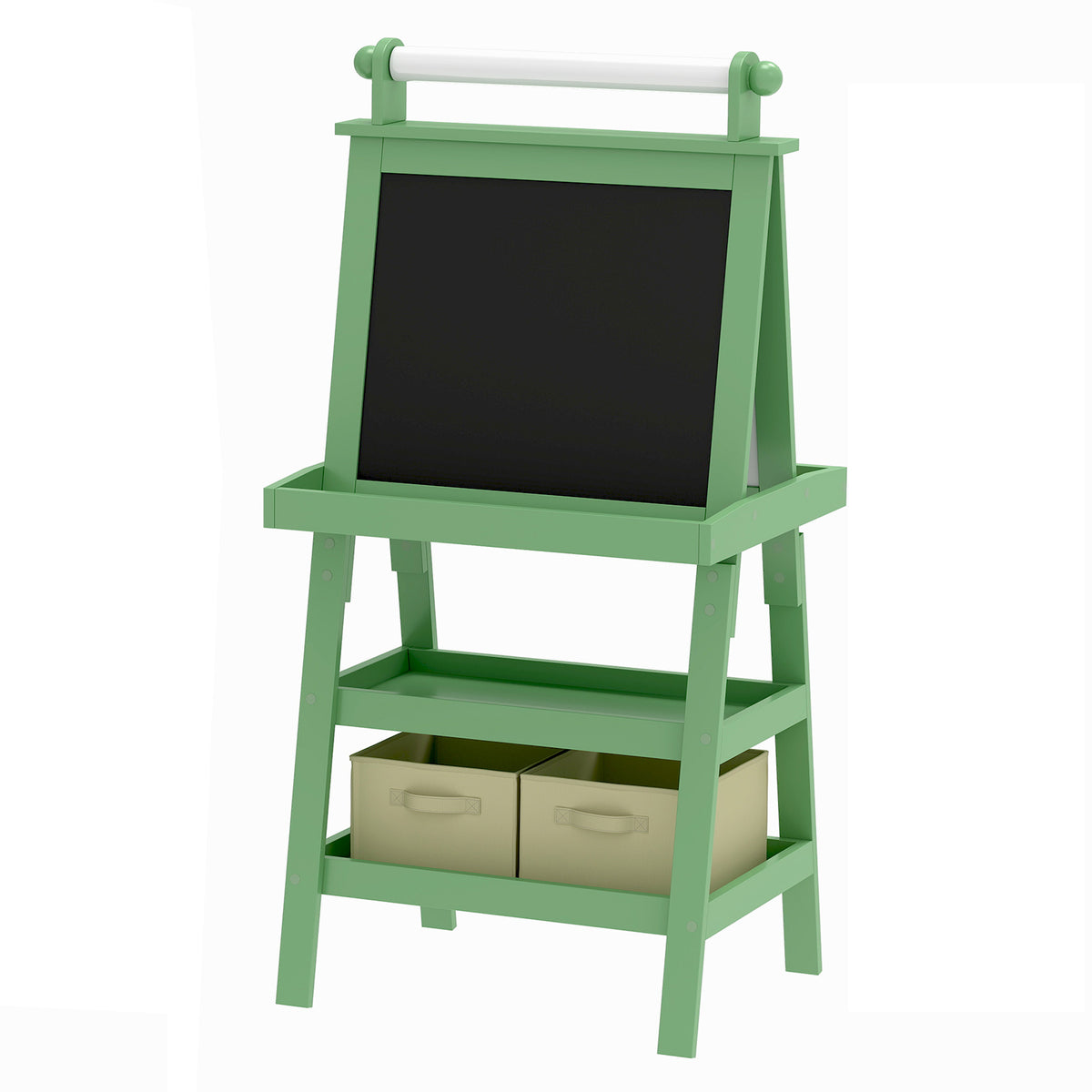 Tableau chevalet enfant 3 en 1 avec tableau blanc magnétique, tableau à craie, rouleau papier, 2 paniers, 3-6 ans, vert-0