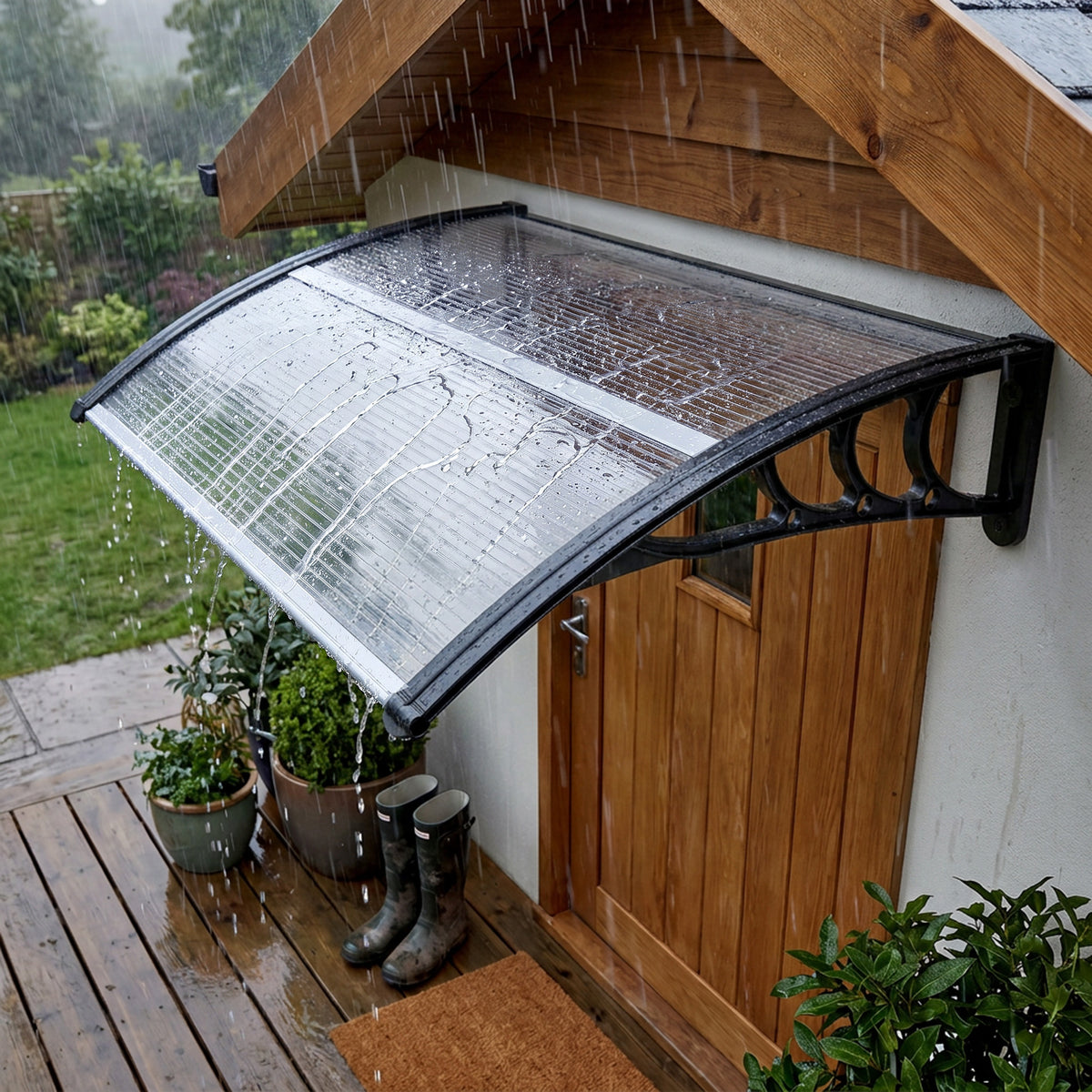 Auvent de porte d'entrée, toit marquise de porte exterieur en polycarbonate et profil aluminium résistante toit abri protection contre la pluie et UV pour terrasse, balcon, 100x75cm, transp.-8