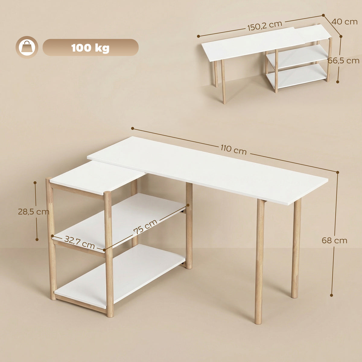 Bureau pliable, bureau d'ordinateur moderne avec étagères de rangement et cadre en bambou, blanc et chêne-2