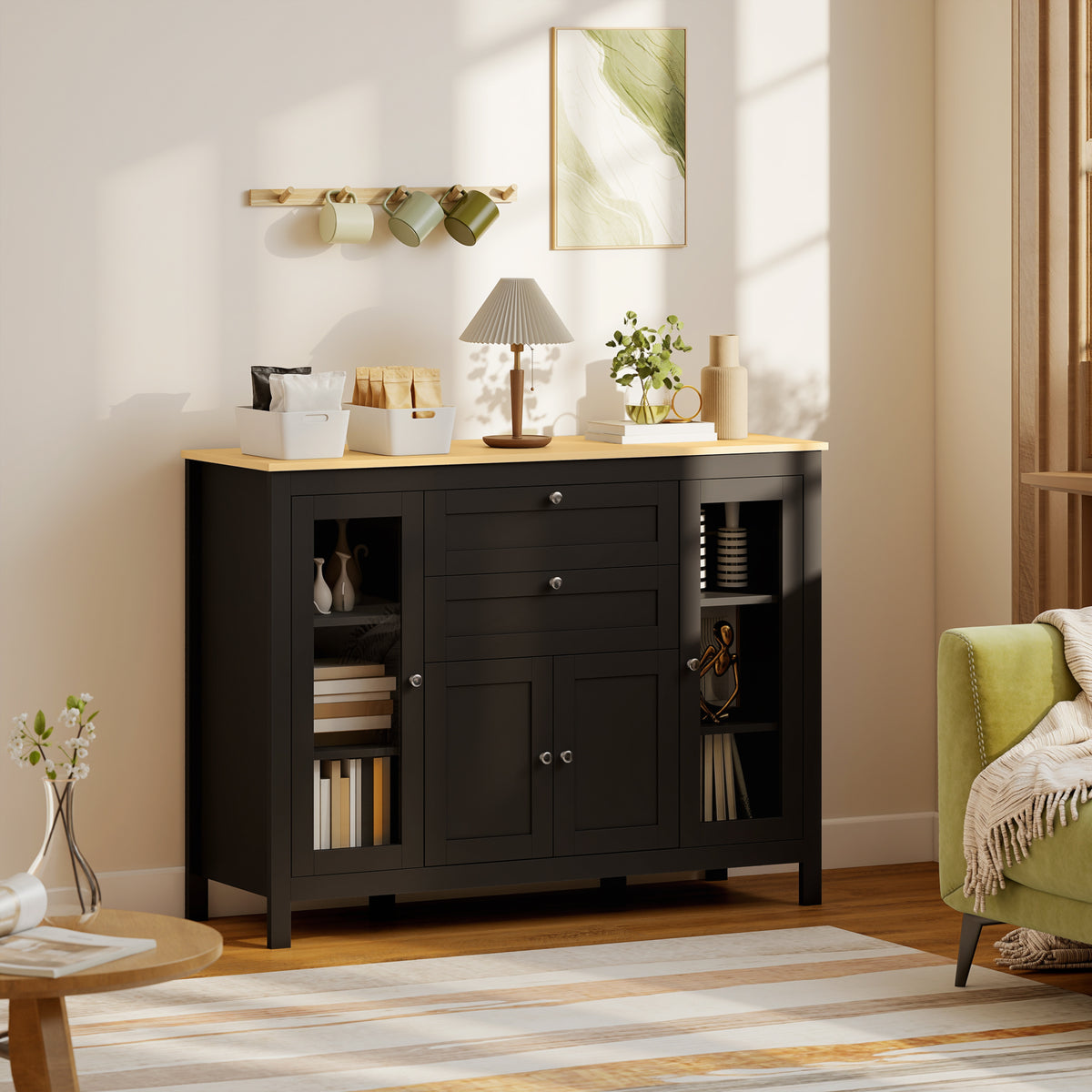 Buffet meuble de rangement 1 placard double porte 2 placards à porte vitrée 2 tiroirs étagère réglable 120x40x90cm noir-9