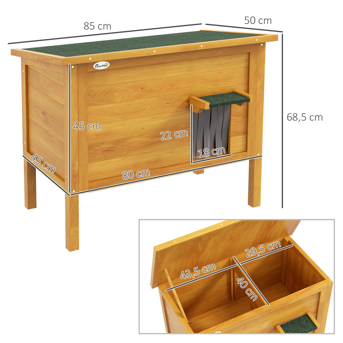 Maison pour chats niche d'extérieur en bois surrélevée avec toit ouvrable isolée 85 x 50 x 68,5 cm naturel vert-2