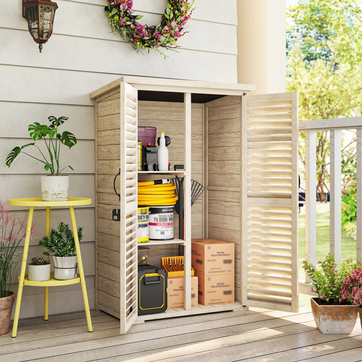 Armoire de jardin remise pour outils en bois 2 étagères toit bitumé portes persiennes verrouillable 75 x 50 x 118-1