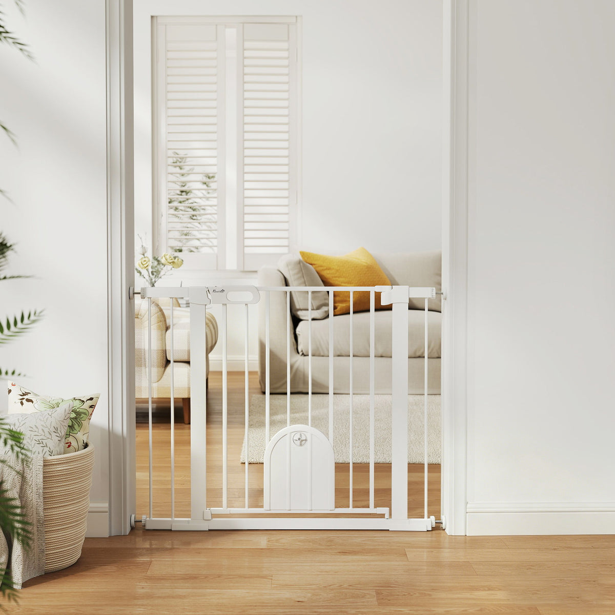 Barrière de sécurité animaux avec porte fermeture automatique système de double verrouillage, acier blanc-1