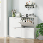 Armoire à Chaussures Meuble à Chaussures Grande Taille dim. 120L x 24l x 81H cm 4 Portes abattantes Double Niveau en Bois Blanc-1
