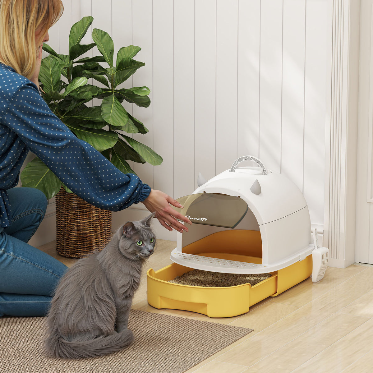 Maison de toilette pour chat bac à litière fermé chat poignée de transport porte translucide 40,5 x 52 x 39 cm jaune-1