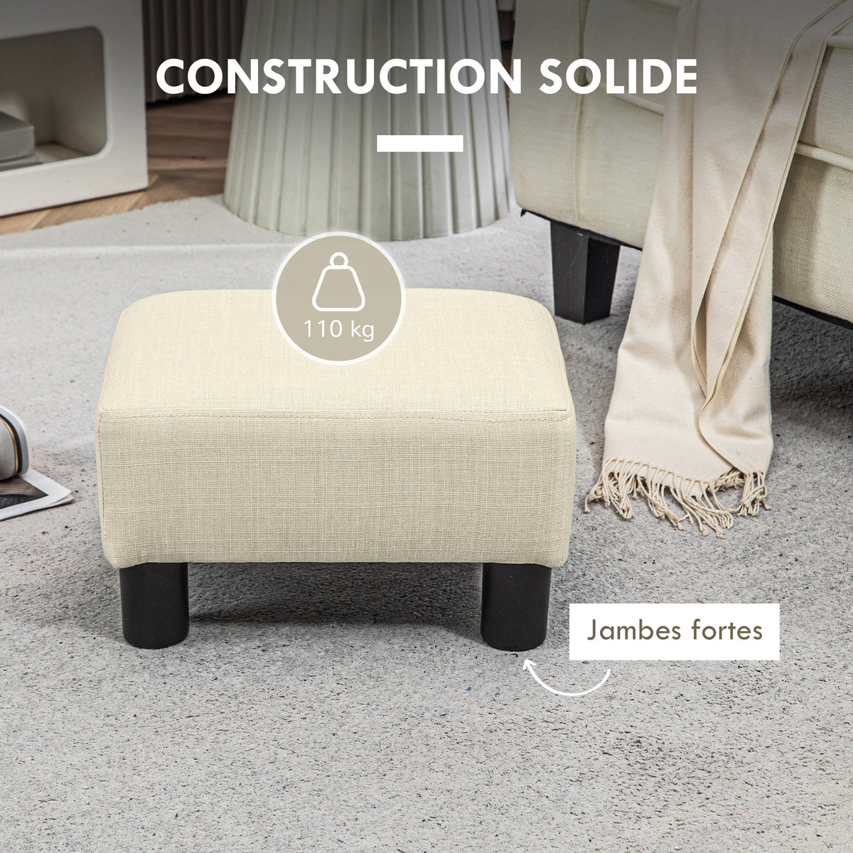 Pouf repose-pied tabouret bas en tissu de lin capacité de charge 110 Kg 40 x 30 x 24 cm beige-4