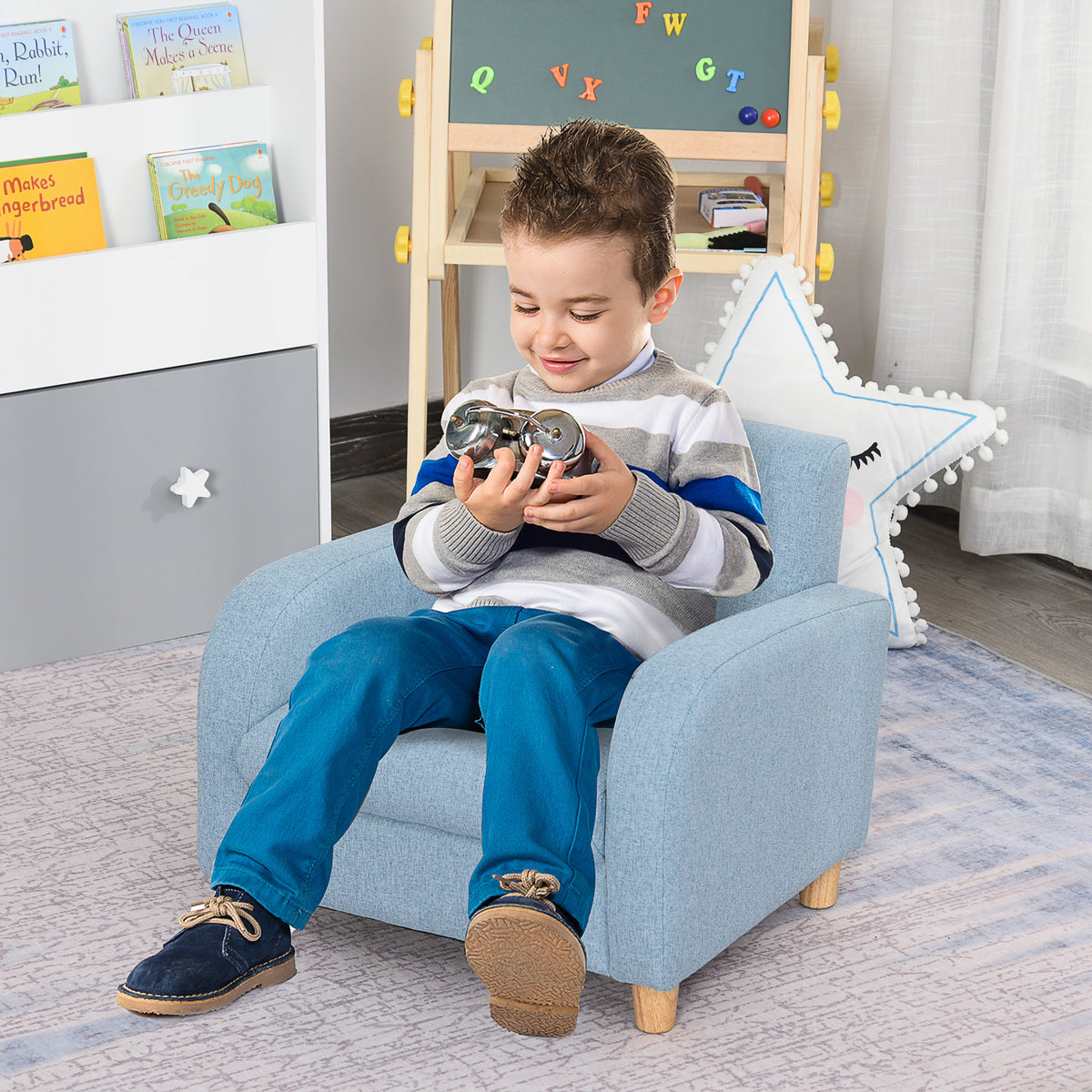 Fauteuil Enfant Design scandinave accoudoirs Assise Dossier garnissage Mousse piètement Bois Caoutchouc Lin Bleu-1