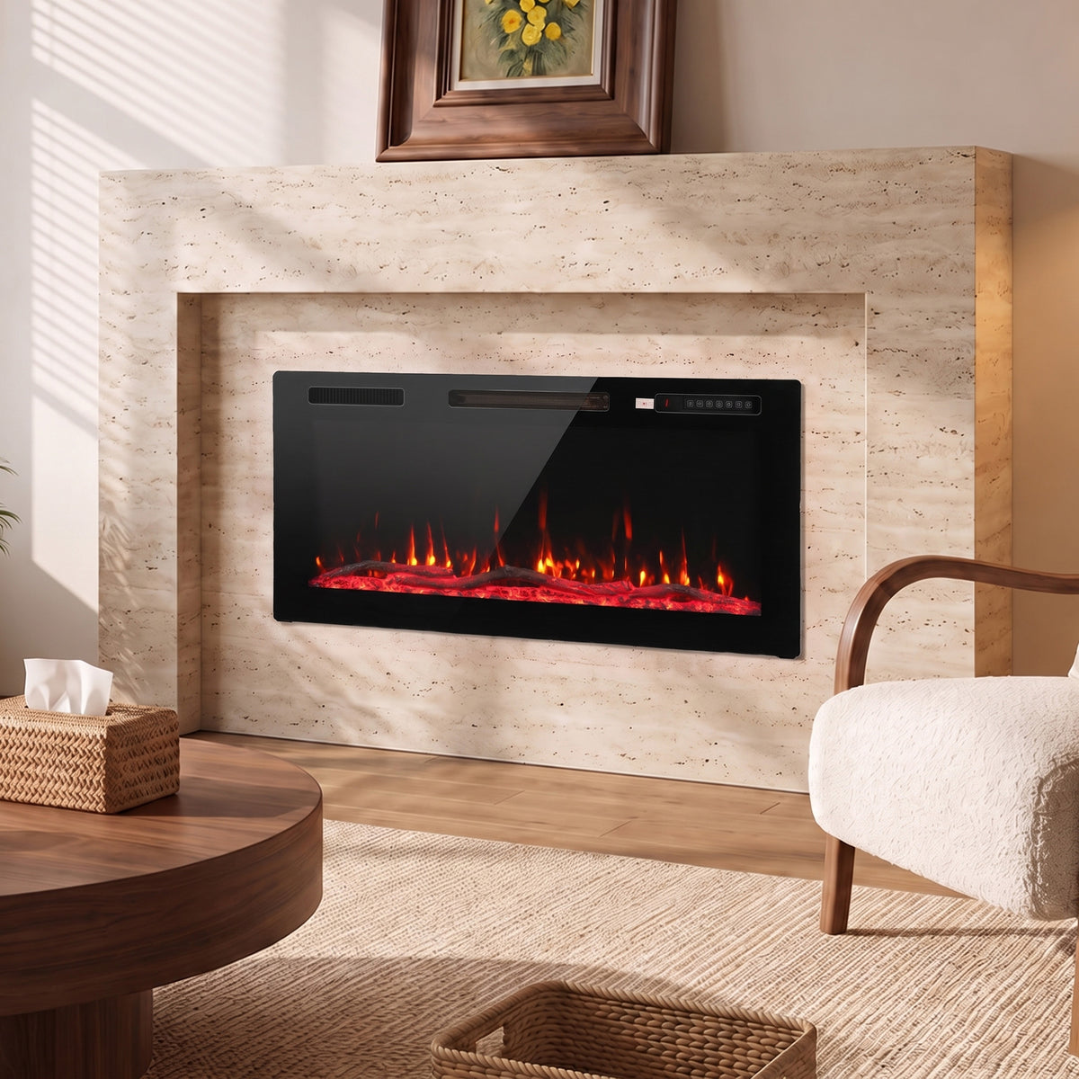 Cheminée Électrique Encastrable Murale ou à Poser 3 en 1 Cheminée Décorative Extra-Plat 900W/1800W Effet Flamme 3D Noir-1
