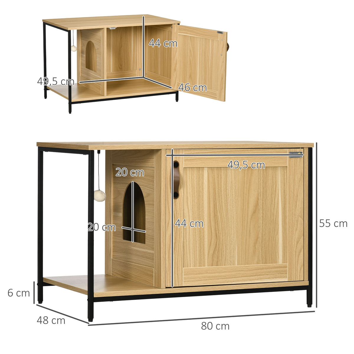 Maison de toilette pour chat style industriel porte entrée latérale boule suspendue châssis acier aspect bois clair-2