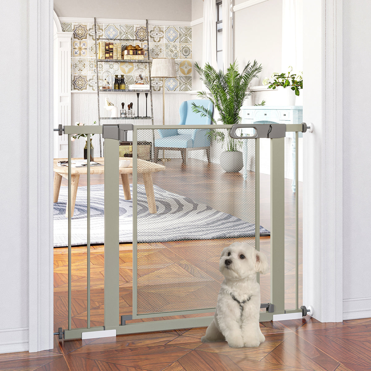 Barrière de sécurité pour animaux domestique fermeture automatique double verrouillage largeur 75-103 cm gris-9
