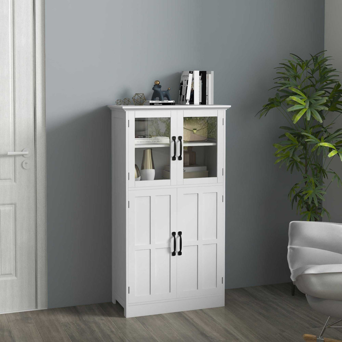 Buffet de cuisine armoire multi-rangements 2 placards, portes en verre, 4 étagères en bois blanc-1