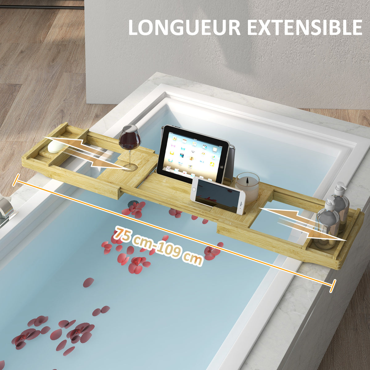 Pont étagère plateau de baignoire extensible en bambou avec porte-gobelet et porte-savon, 75-109 x 23 x 4.5cm-4