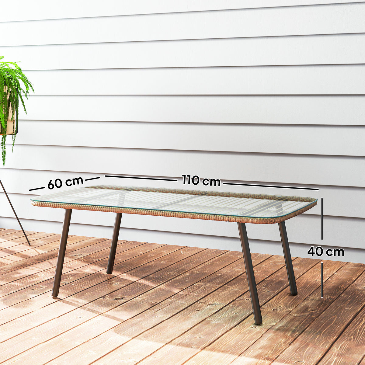 Table basse de jardin avec plateau verre trempé 5 mm, table d'appoint pour extérieur, cadre en acier, effet bois naturel-2