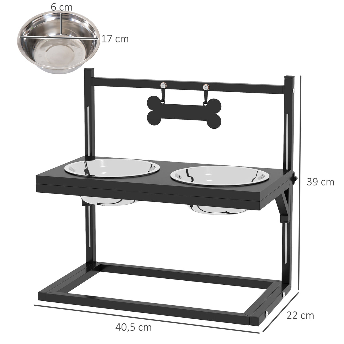 Gamelles surrélevées chien avec support réglable en hauteur de 11 à 33 cm 2 bols en acier inoxydables amovibles noir-2