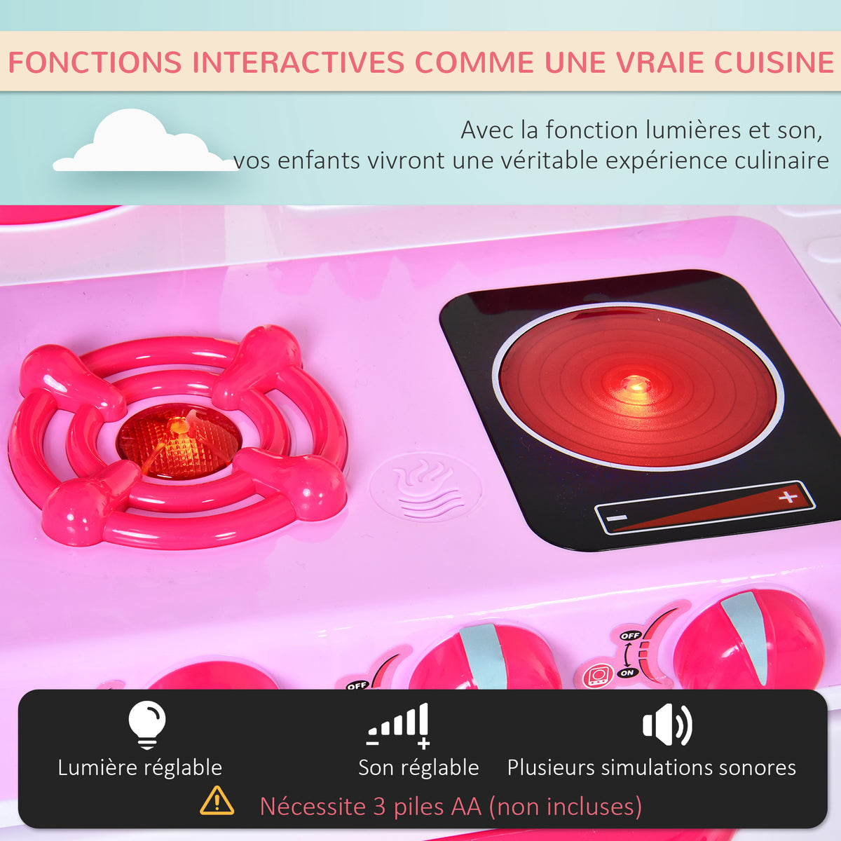 Cuisine pour Enfant Recettes Jeu d'imitation 38 Accessoires Inclus Sons et lumières polypropylène Rose-3
