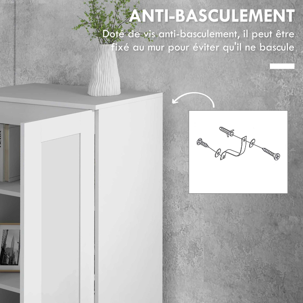 Armoire 2 portes meuble de rangement avec 5 étagères, style contemporain, 60L x 36,5l x 175H-5