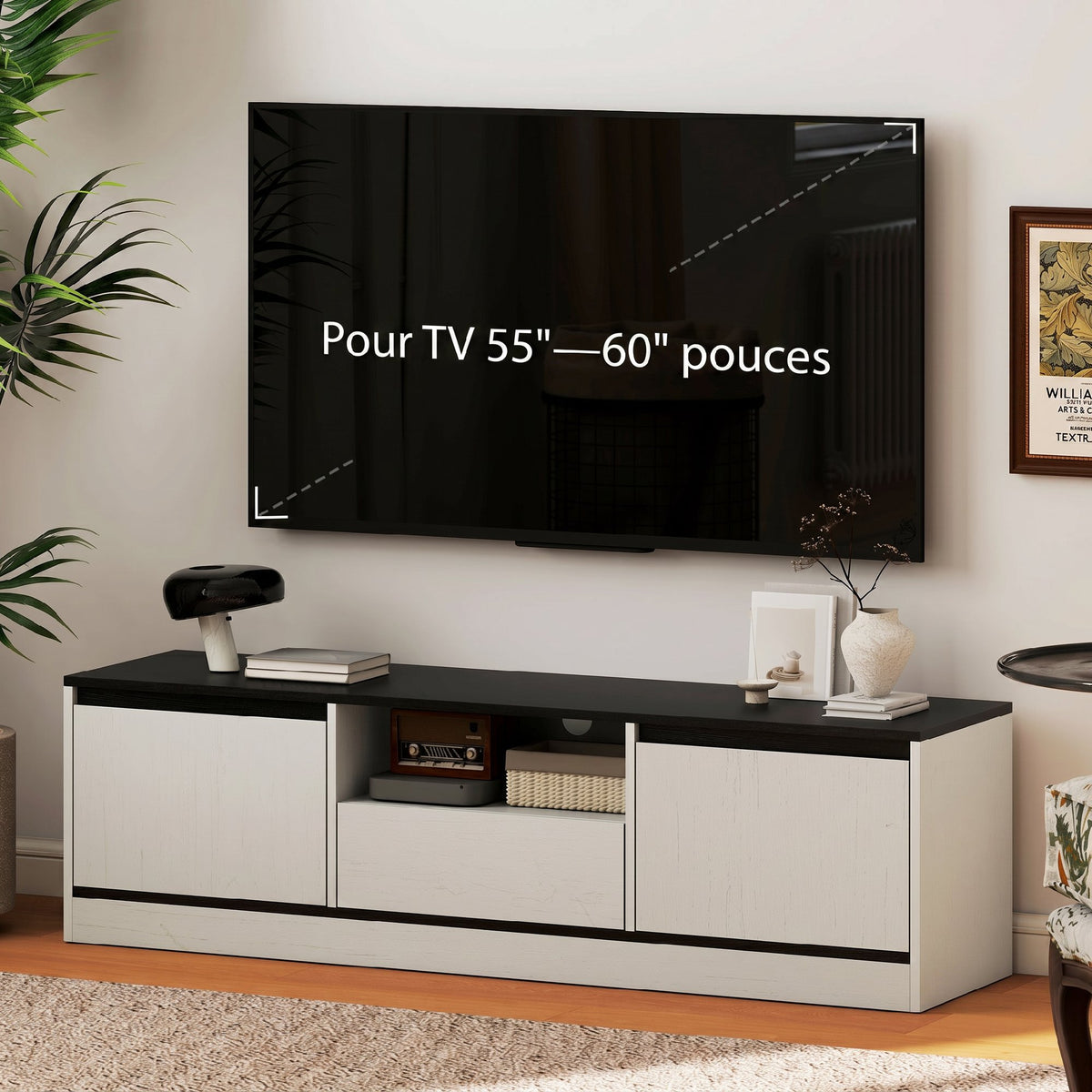 Meuble TV pour Télévision jusqu'à 60" avec 2 Armoires, 1 Étagère Ouverte, 1 Tiroir, Moderne, 140x35x40cm, Noir et Blanc-5