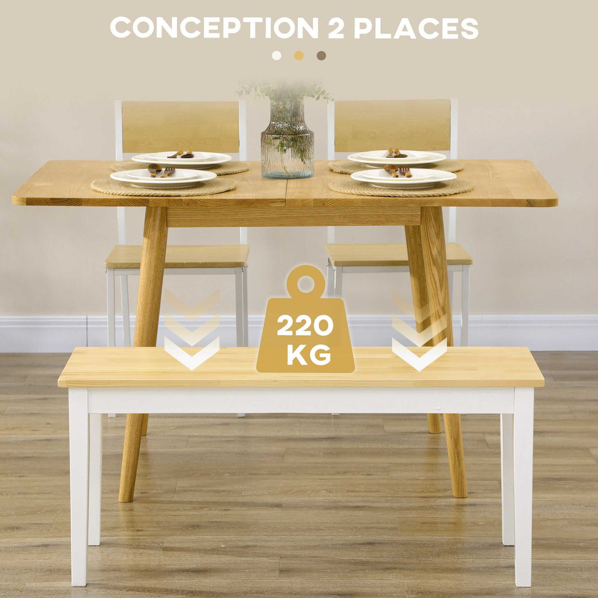 Banc en bois pour 2 personnes bicolore assise naturelle et piètement blanc 102 x 36 x 45 cm-3