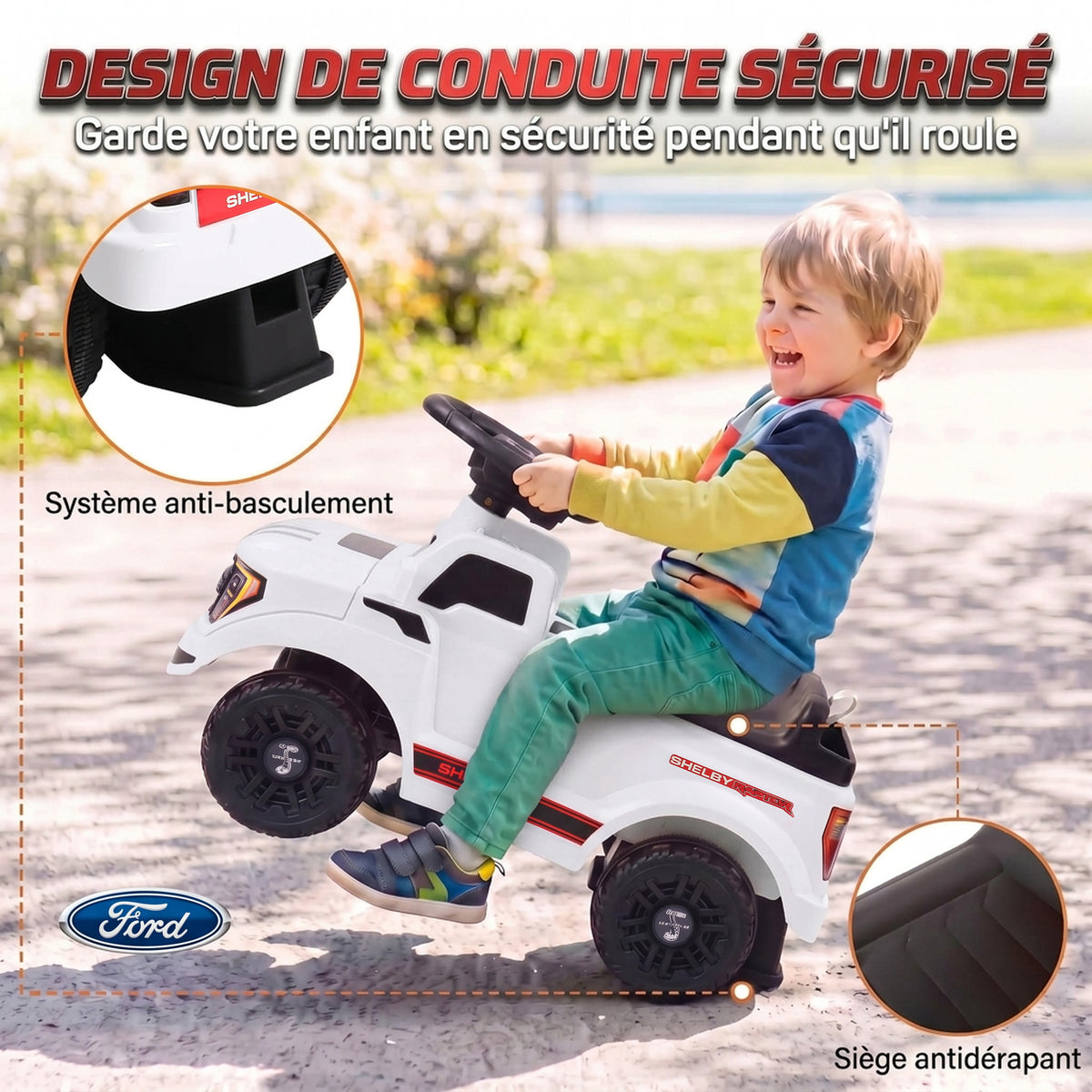 Voiture Porteur pour Enfants Shelby, Dossier, Anti-Basculement, Compartiment, 18-72 Mois, 80x25,5x33cm, Blanc-4