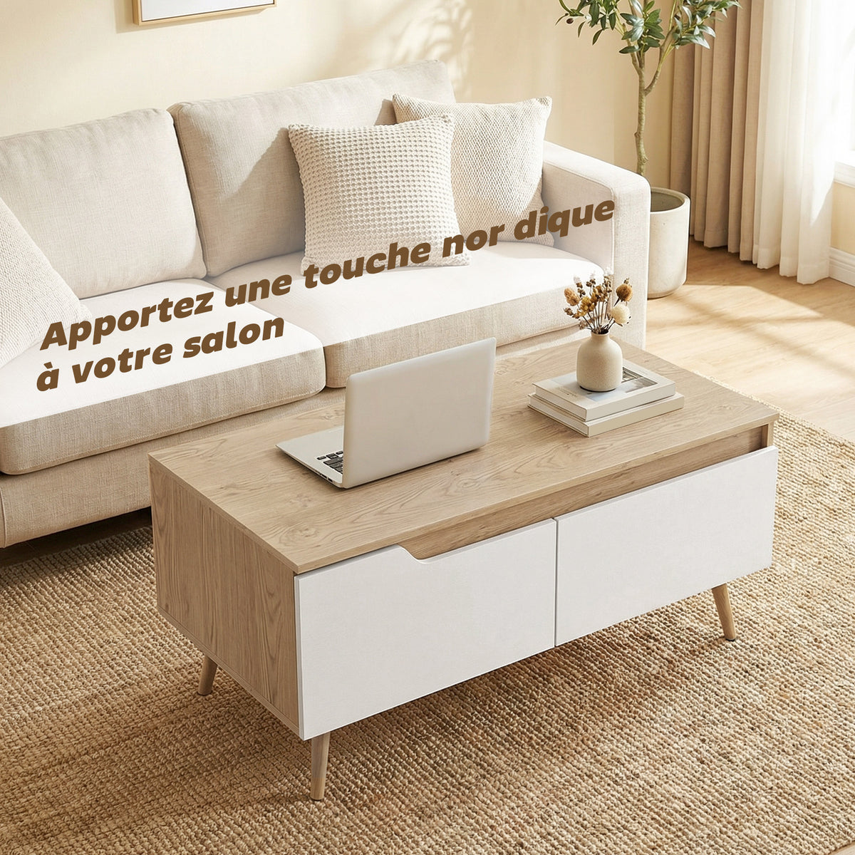 Table basse rectangulaire, table de salon moderne avec 2 tiroirs, 5 pieds en bois de pin, 100x50x46cm, chêne et blanc-3