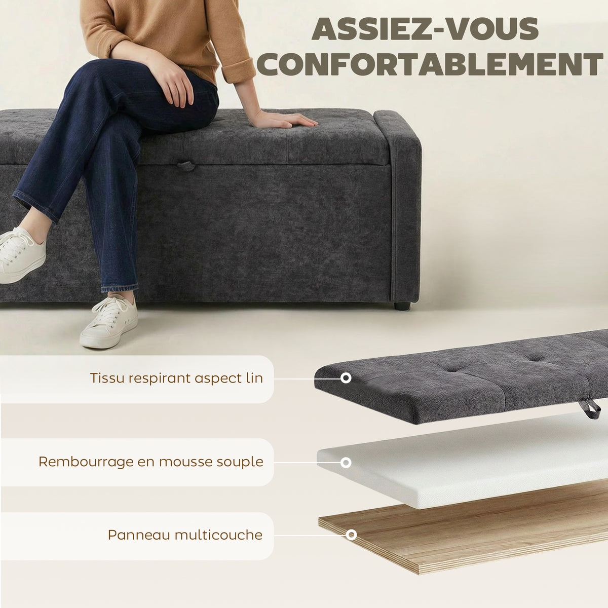 Banc de rangement, bout de lit, repose-pieds rembourré en lin avec assise large, 122 x 48 x 44 cm, gris foncé-4