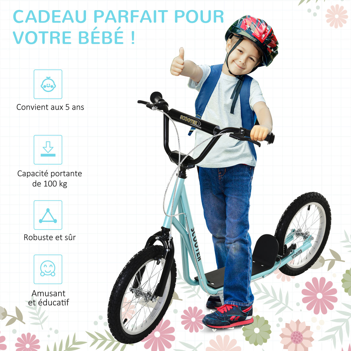Trottinette patinette enfants partir 5 Ans Grands pneus Caoutchouc Guidon réglable poignée Frein 100 Kg Bleu-4