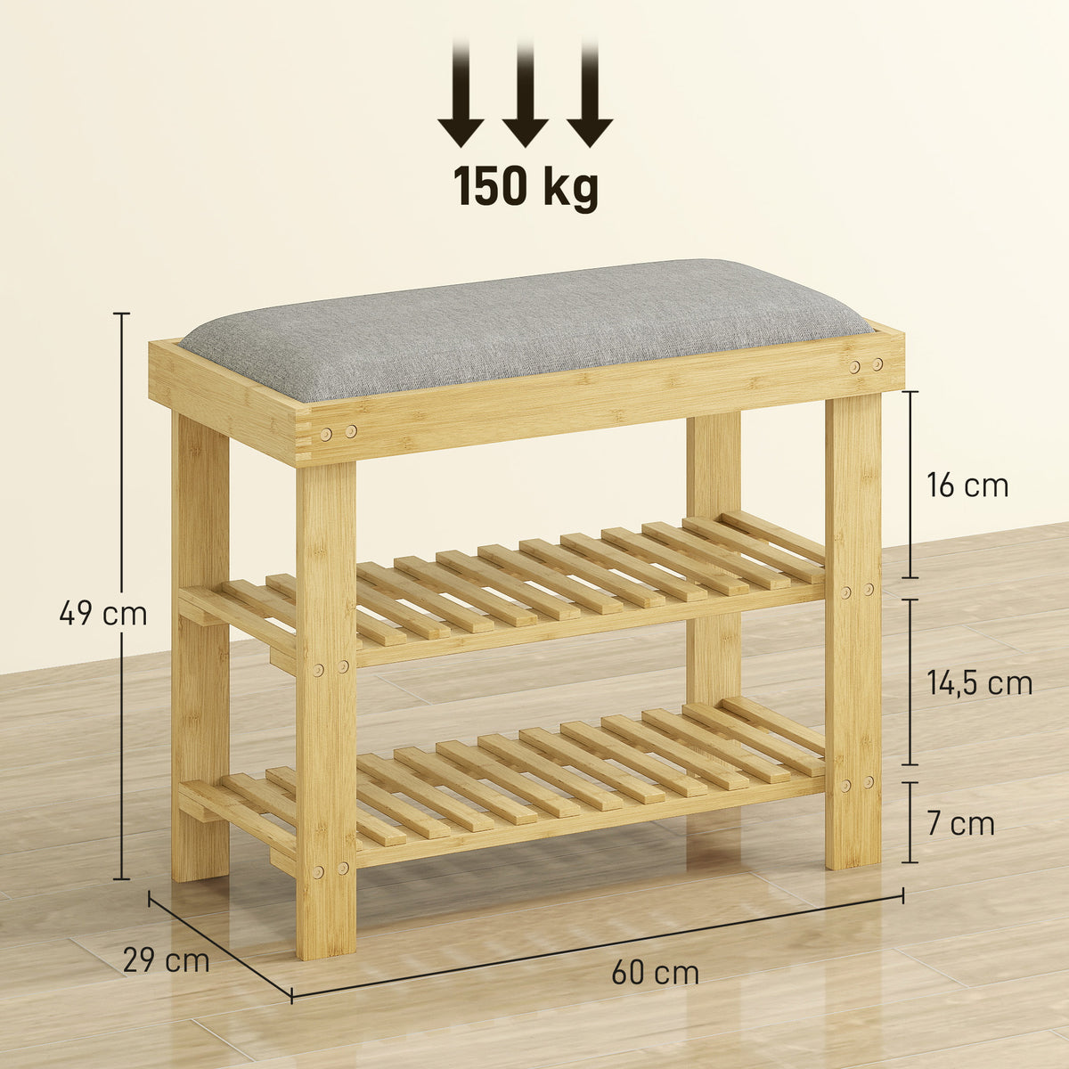 Banc à chaussures en bambou, étagère à chaussures à 3 niveaux, style scandinave, 60 x 29 x 49 cm, gris et bois naturel-2