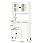 Armoire de cuisine avec 3 placards, niches, étagères réglables, portes vitrées, passe-câble, 90x40x180cm, blanc-2