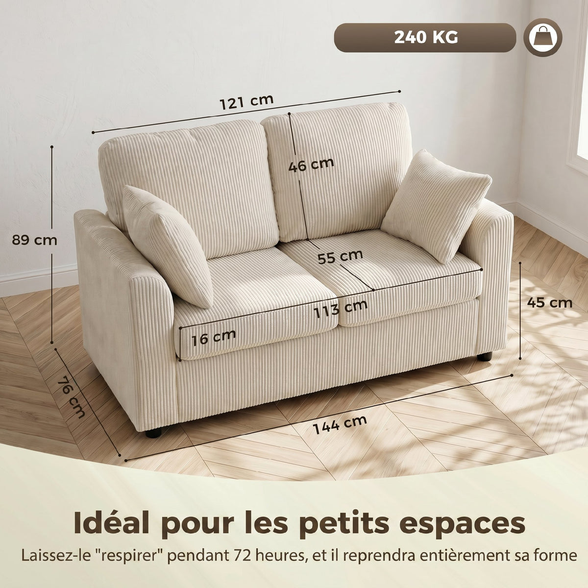 Canapé 2 Places en Velours Côtelé, Canapé de Salon 144 cm avec Assise Large Rembourrée, 2 Oreillers, Beige-2