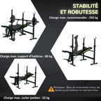 Banc de musculation Fitness entrainement complet dossier réglable cordes traction curler supports barre et haltères noir et jaune-5