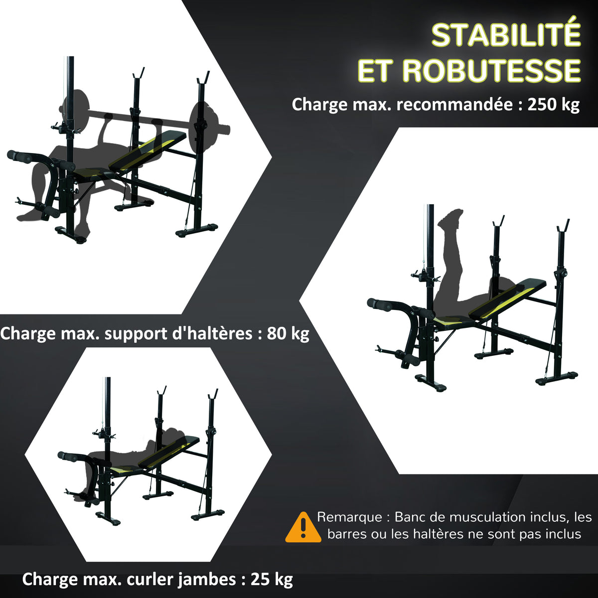Banc de musculation Fitness entrainement complet dossier réglable cordes traction curler supports barre et haltères noir et jaune-5