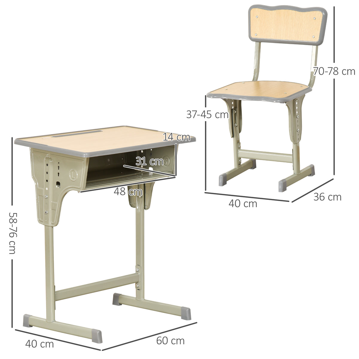 Bureau enfant Vintage style pupitre d'écolier - ensemble bureau et chaise réglable - case de rangement, bracket, range-stylos - acier kaki MDF aspect bois clair-2
