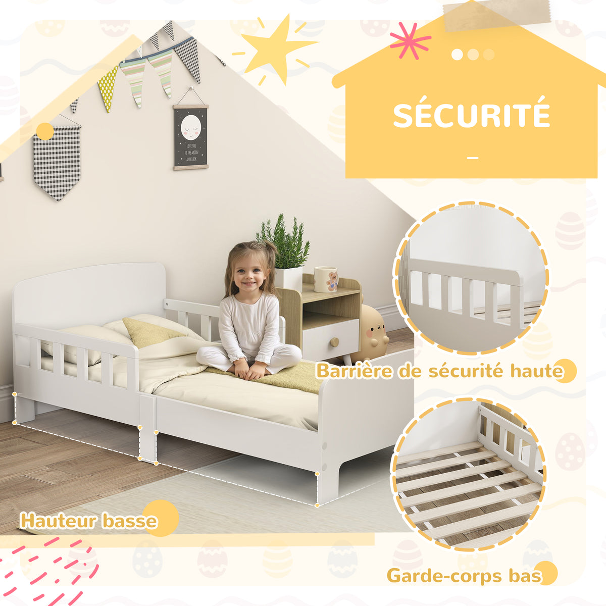 Lit enfant lit au sol enfant barrières de sécurité haut sommier à lattes et cadre robuste 143,5 x 74,2 x 54 cm blanc-3