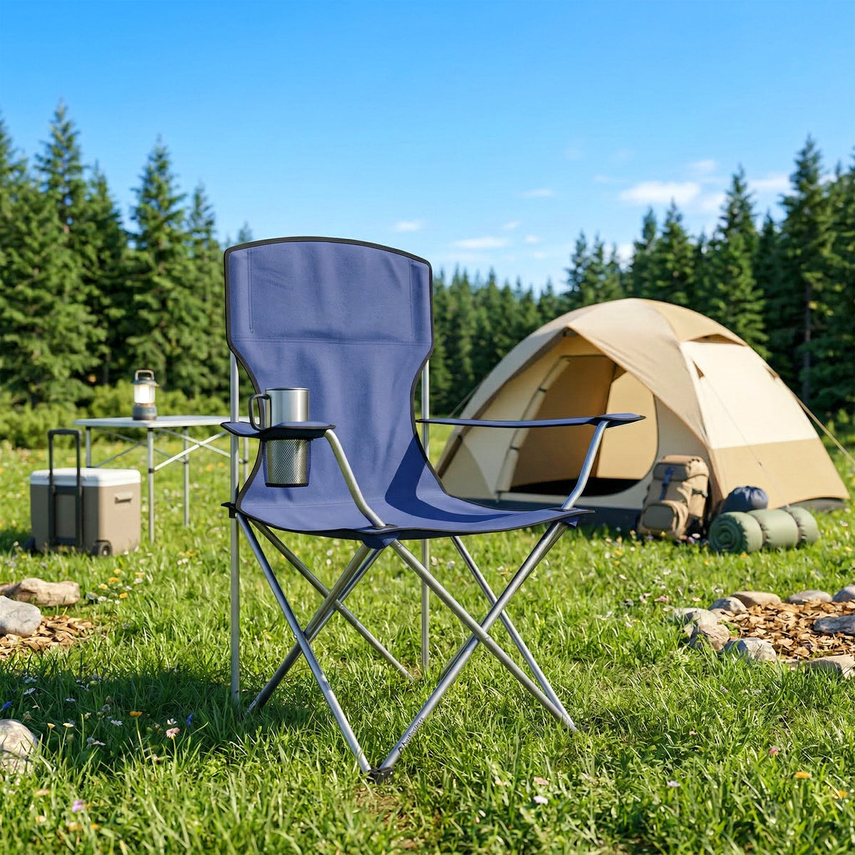 Lot de 2 Chaises de Camping Pliantes avec Porte-Gobelet, Sac de Transport, Dossier Haut, 88x57x97cm, Bleu Foncé-1