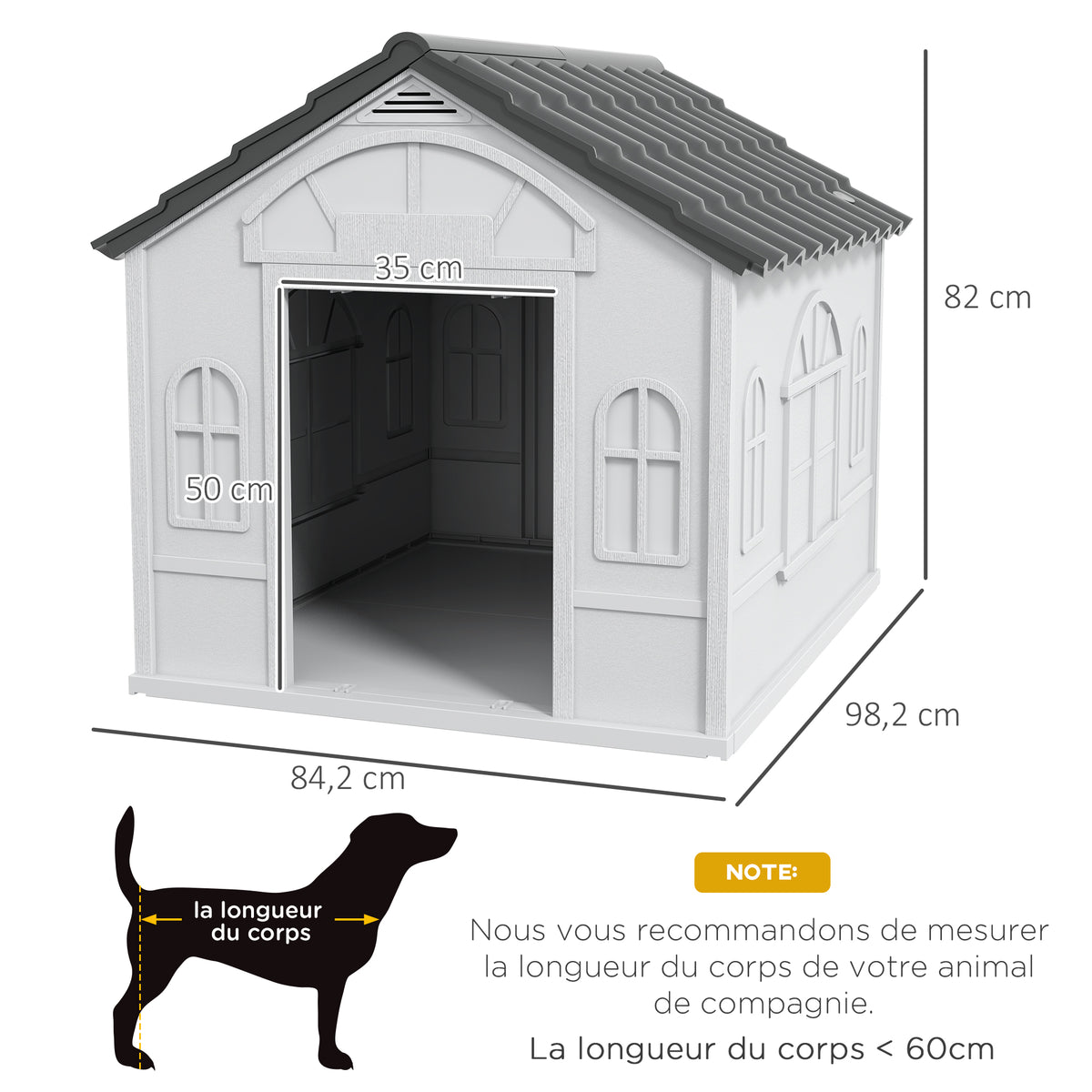 Niche pour Chien Extérieur avec Toit en Pente et Porte Avant Ouverte, pour Chiens Moyens et Grands, 84,2x98,2x82cm, Gris-2