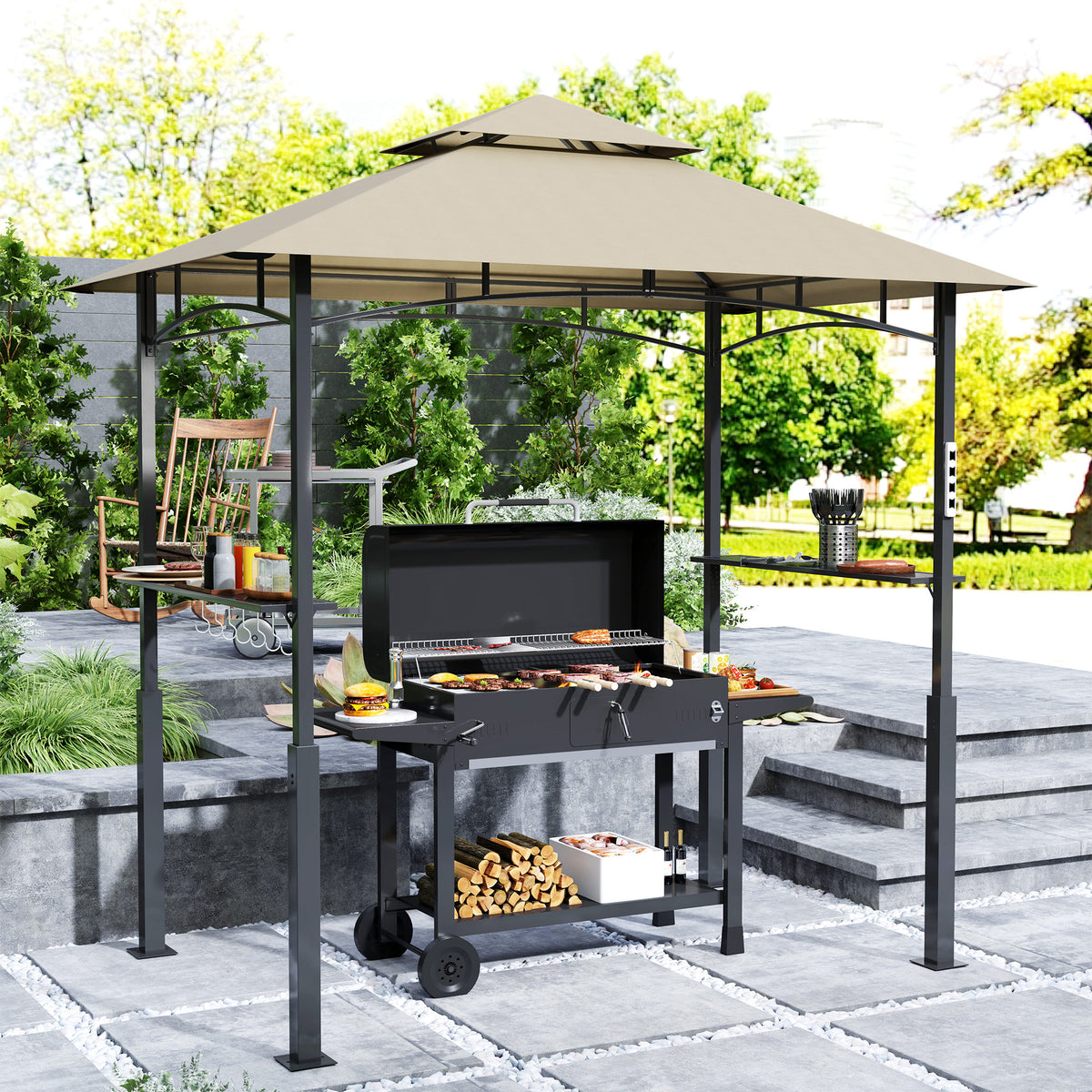 Tonnelle de barbecue à deux niveaux auvent de réception pour jardin avec lumière LED 243 x 148 x 248 cm kaki-1