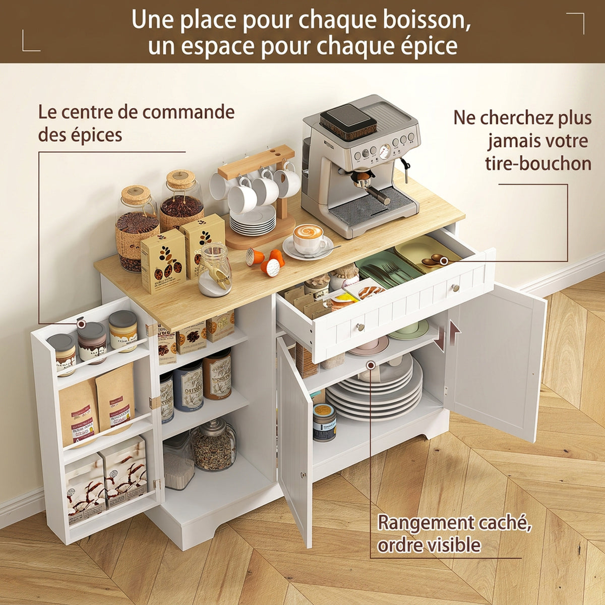 Buffet cuisine, meuble de rangement avec 3 portes, tiroir, étagères de porte et étagère réglable, 105x40x83cm, blanc-3
