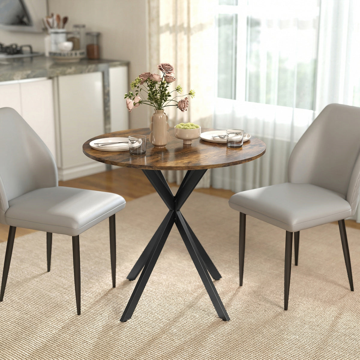 Table à Manger Ronde pour 2 Personnes avec Plateau Aspect Bois et Piètement Croisé en Acier, Brun Rustique-8