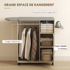 Armoire à repasser sur roulettes, table à repasser pliante, étagère réglable, barre de suspension, 127x42,5x99cm naturel-5